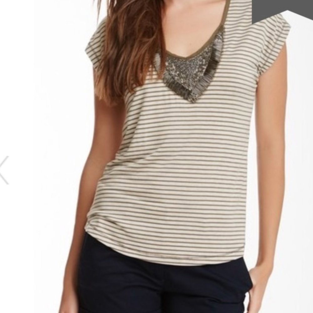 3x$25 Bellatrix Striped Embellished Neckline Brown Top M